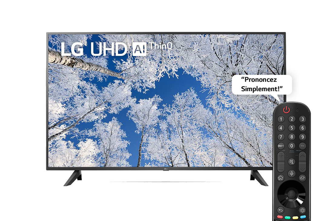LG TéLéVISEUR UHD 4K, Vue avant du téléviseur UHD de LG avec image de remplissage et logo du produit, 65UQ70006LB