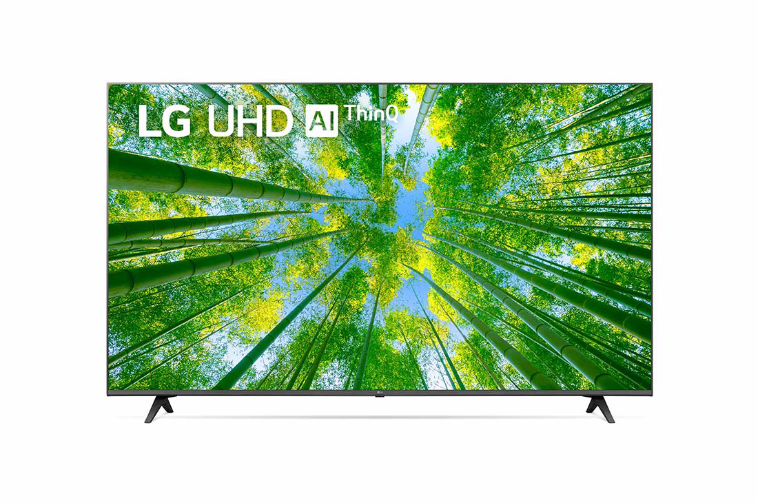 LG TéLéVISEUR UHD 4K, Vue avant du téléviseur UHD de LG avec image de remplissage et logo du produit, 55UQ80006LD