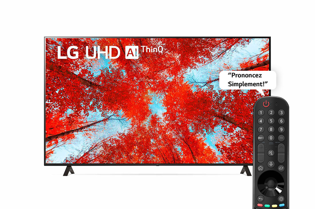 LG TéLéVISEUR UHD 4K, Vue avant du téléviseur UHD de LG avec image de remplissage et logo du produit, 75UQ90006LC