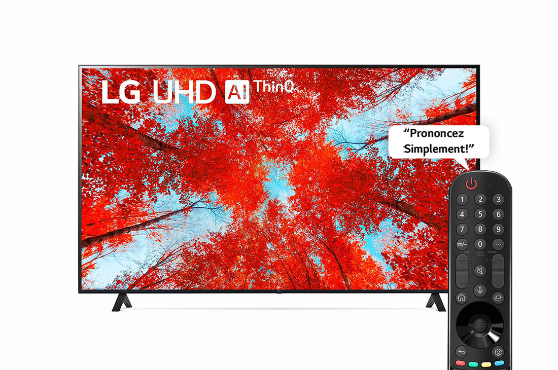 LG UHD 4K Smart TV de 86 pouces Série UQ90, Vue avant du téléviseur UHD de LG avec image de remplissage et logo du produit, 86UQ90006LC