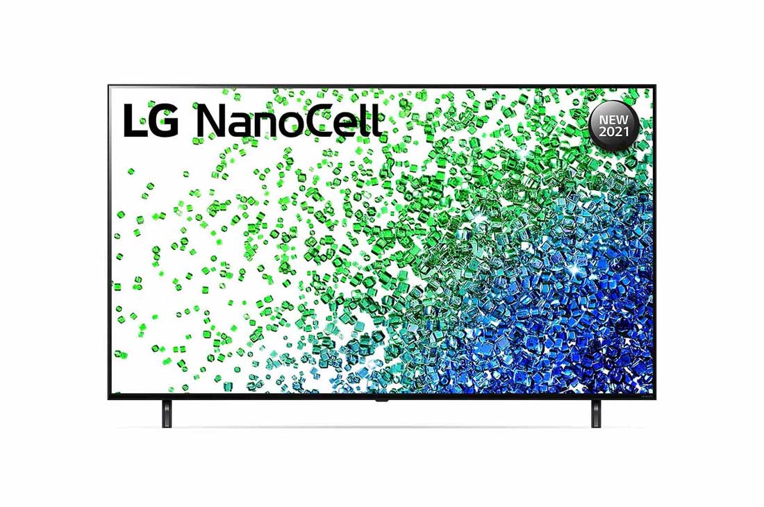 LG Téléviseur LG NanoCell de 50 pouces de la série NANO80, doté d’un design écran de cinéma, Active HDR 4K, de la plateforme WebOS Smart et de la technologie AI ThinQ gradation locale, Vue avant du téléviseur UHD de LG avec image de remplissage et logo du produit, 50NANO80VPA