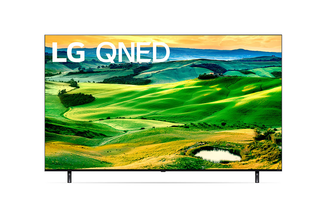 LG Smart TV QNED LG QNED80 75 pouces 4K, Vue avant du téléviseur QNED de LG avec image de remplissage et logo du produit, 75QNED806QA