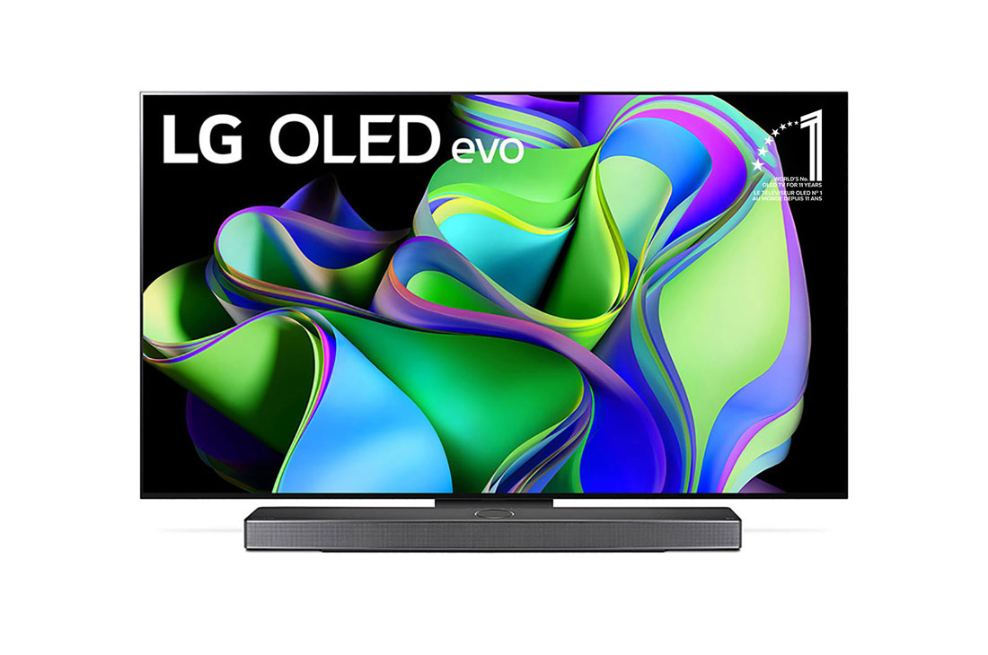 LG Smart TV 2023 LG OLED evo C3 4K 65 pouces, Vue avant du LG OLED evo avec l’emblème ? 10 Years World No.1 OLED ? à l’écran, et de la barre de son située en dessous. , OLED65C36LA