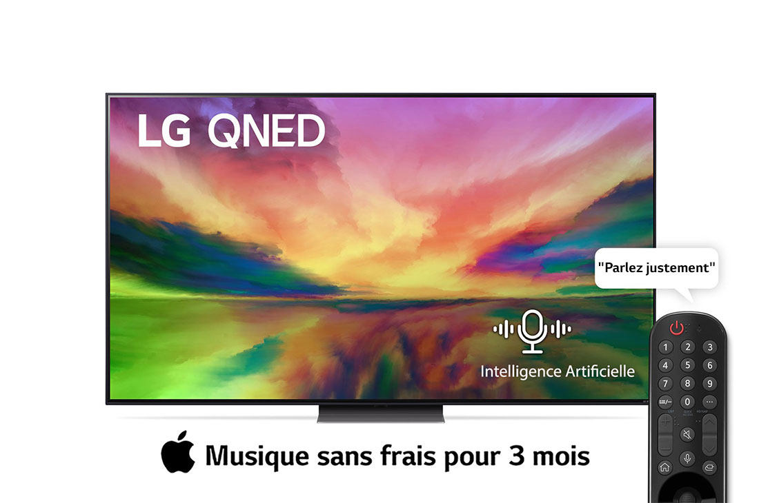 LG, téléviseur QNED à technologie couleur, série QNED81R de 75 pouces, WebOS Smart AI ThinQ, Télécommande magic, Image Pro AI, Son Pro AI (canal 5.1.2), 2023 Nouveau, Vue avant du téléviseur QNED de LG avec image de remplissage et logo du produit, 75QNED816RA