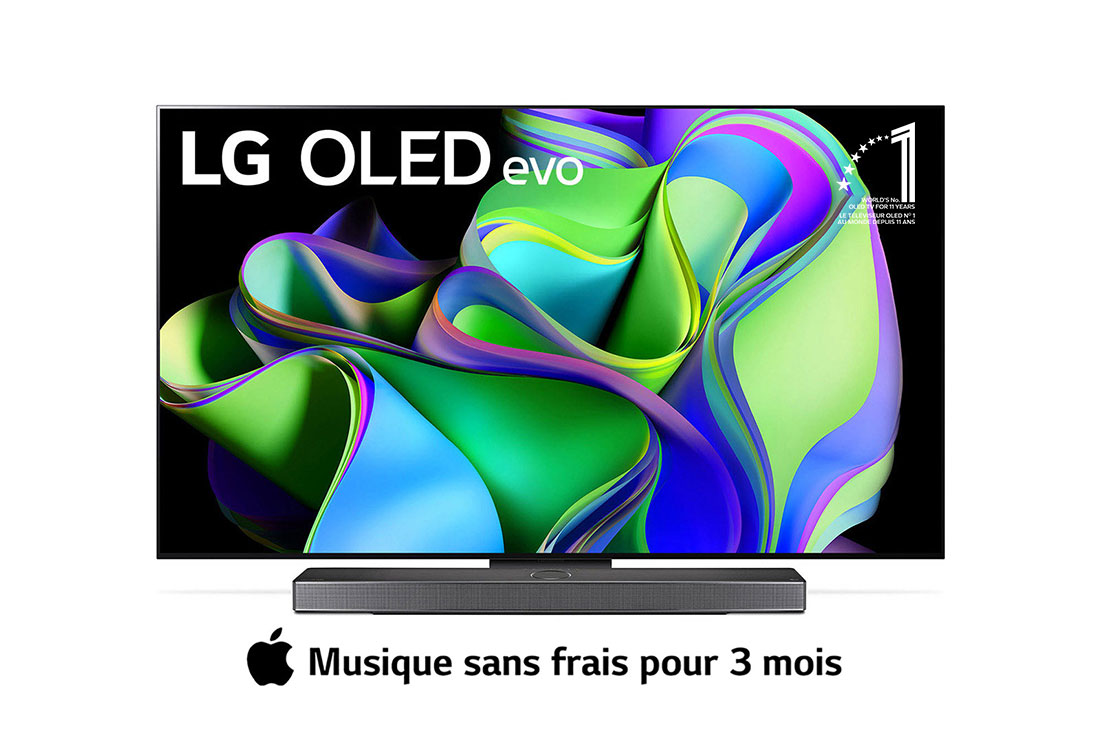 LG Smart TV 2023 LG OLED evo C3 4K 77 pouces, Vue avant du LG OLED evo avec l’emblème ? 11 Years World No.1 OLED ? à l’écran, et de la barre de son située en dessous. , OLED77C36LA