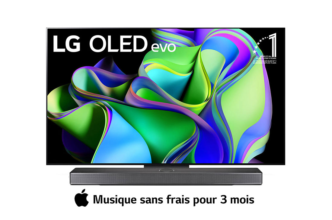 LG Smart TV 2023 LG OLED evo C3 4K 55 pouces, Vue avant du LG OLED evo avec l’emblème ? 11 Years World No.1 OLED ? à l’écran, et de la barre de son située en dessous. , OLED55C36LA