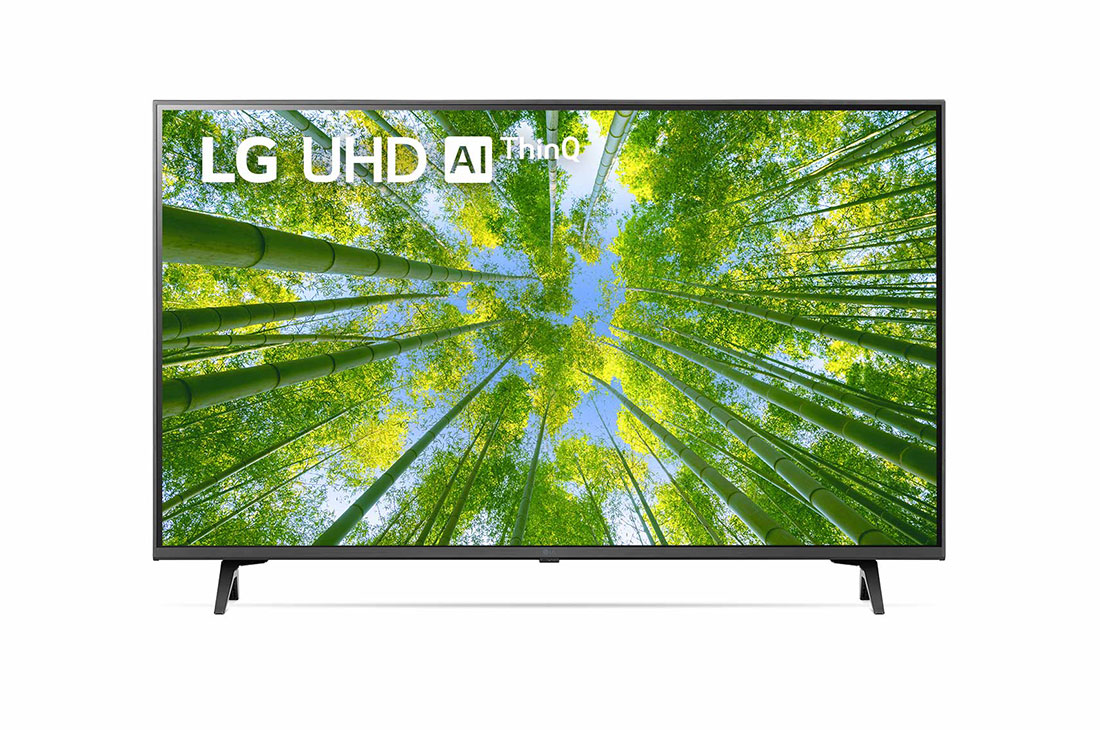 LG TéLéVISEUR UHD 4K, Vue avant du téléviseur UHD de LG avec image de remplissage et logo du produit, 43UQ80006LD