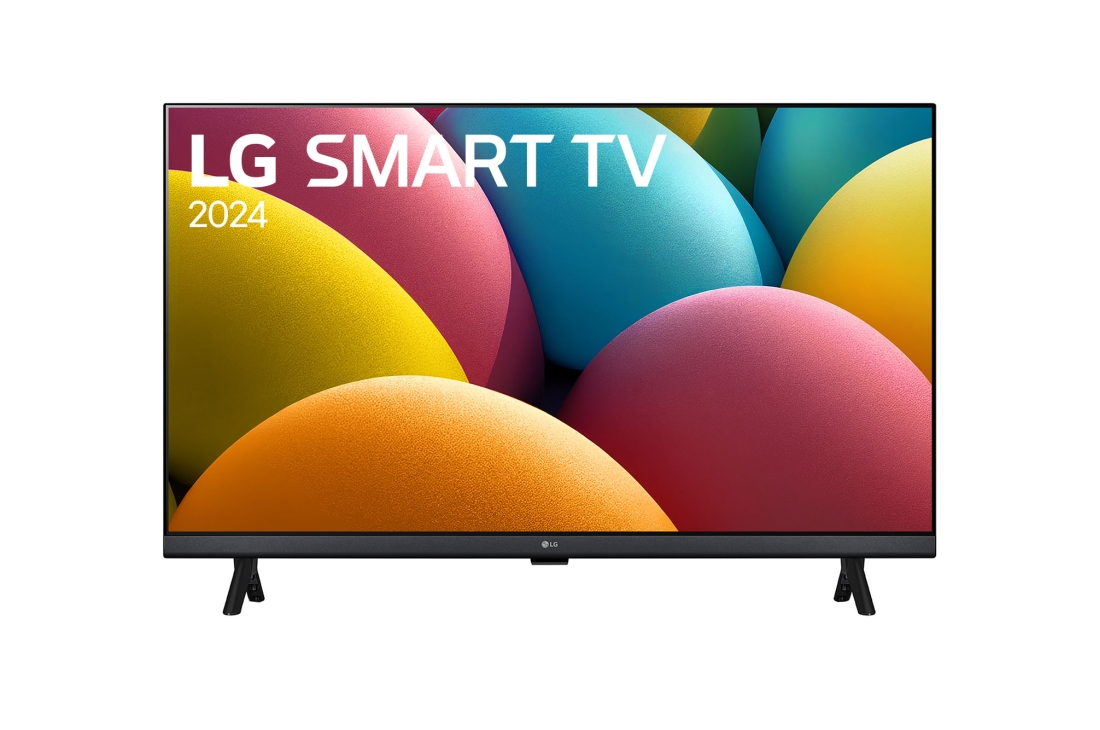 LG Smart TV LG HD LR60 2024, 43 pouces, Vue avant du téléviseur LG HD, LR60 avec le texte de LG SMART TV et 2024 sur l’écran avec un support à 2 p?les, 43LR60006LA