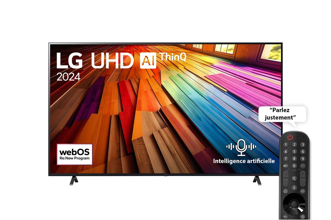 LG Smart TV  LG UHD UT80 4K, 75 pouces, Télécommande Magique IA HDR10 webOS24 2024, Vue avant d’un téléviseur LG UHD, UT80 avec le texte LG UHD AI ThinQ, 2024 et le logo webOS Re:New Program à l’écran, 75UT80006LA