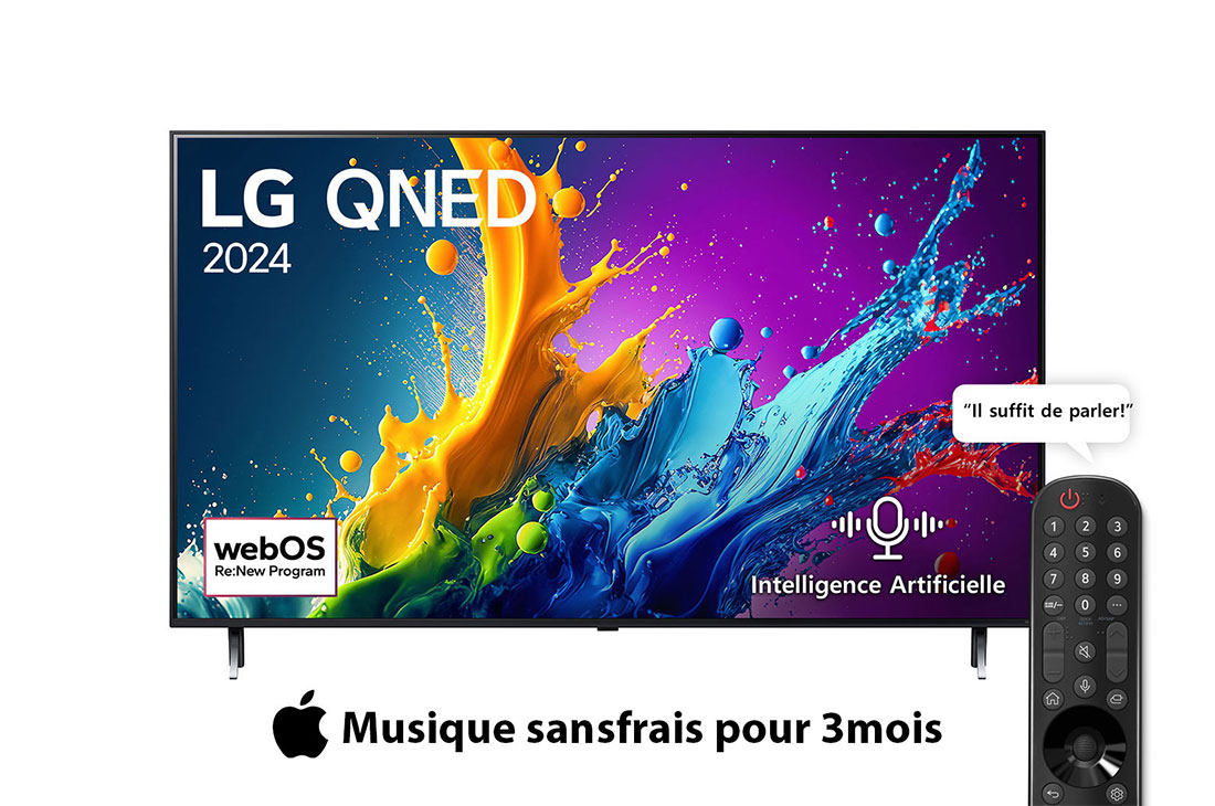 LG Smart TV  LG QNED QNED80 4K, 75 pouces, Télécommande Magique IA HDR10 webOS24 2024, Vue avant d’un téléviseur LG QNED, QNED80 avec le texte LG QNED, 2024 et le logo webOS Re:New Program à l’écran, 75QNED80T6B