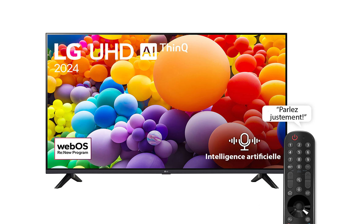 LG Smart TV LG UHD UT73 4K 65 pouces 2024, Vue avant d’un téléviseur LG UHD, UT73 avec le texte LG UHD AI ThinQ, 2024 et le logo webOS Re:New Program à l’écran, 65UT73006LA