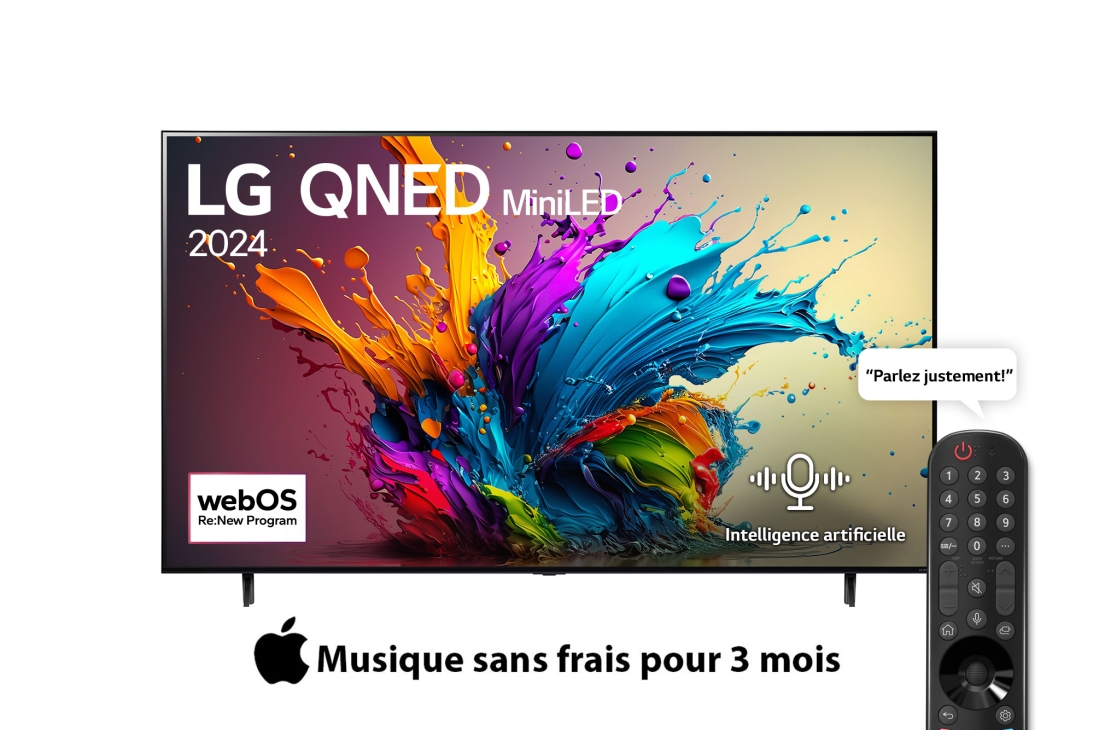 LG Smart TV  LG QNED MiniLED QNED90 4K, 75 pouces, Télécommande Magique IA HDR10 webOS24 2024, 75QNED90T6A