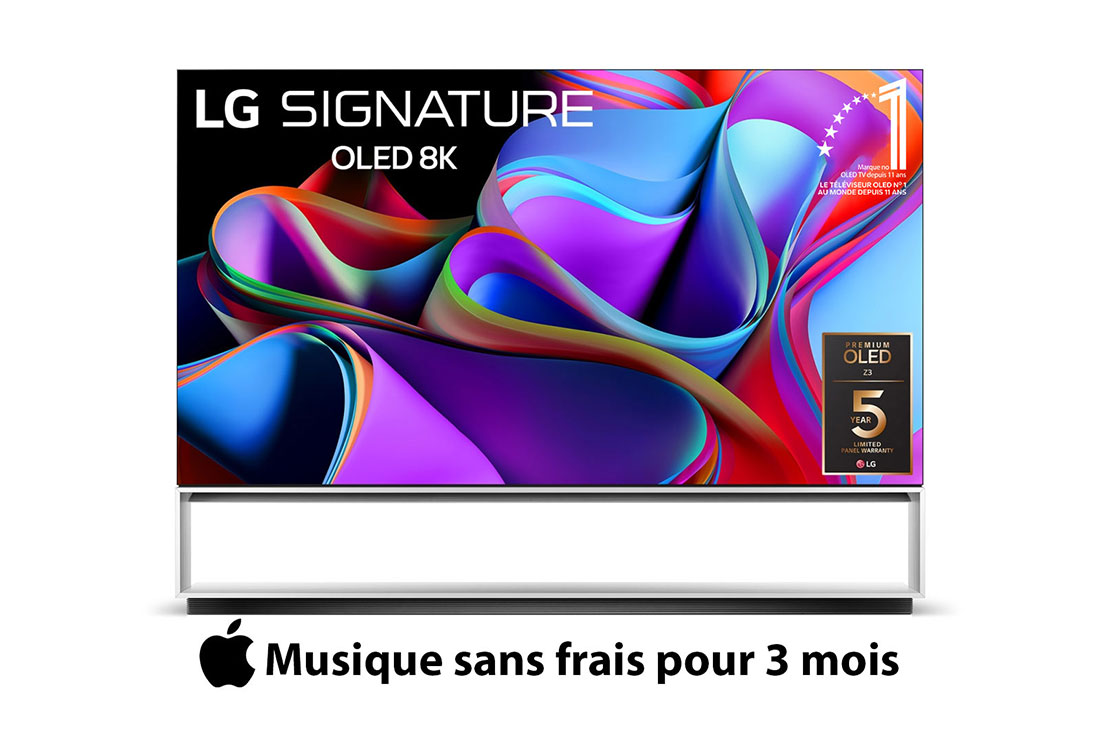 LG Smart TV LG SIGNATURE OLED 8K Z3 88 pouces 2023, Vue de face avec l’emblème ? 10 Years World No.1 OLED ? et le logo ? Garantie du panneau : 5 ans ? sur l’écran, OLED88Z36LA