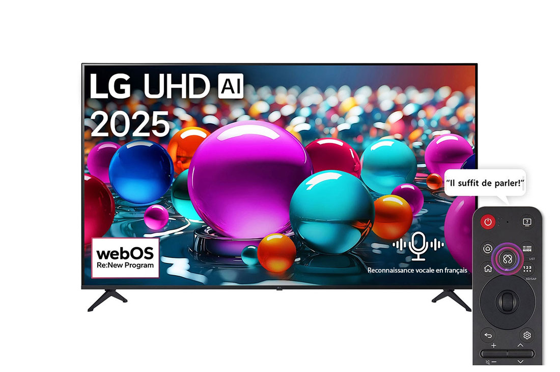 LG Smart TV LG UHD AI UA85 4K 75 pouces Télécommande AI Magic Remote prête à l’utilisation HDR10 webOS25 2025 , Front view of UHD UA75 TV, LG UHD Al Logo on the top corner. LG UHD TV depicts colorful paintike textures coming together., 75ua85006la