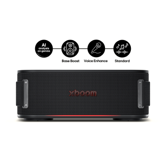 Enceinte LG XBOOM avec modes sonores IA, notamment Bass Boost, Voice Enhance et Standard