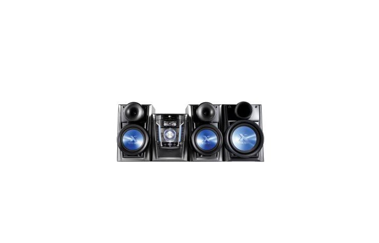 LG Minicomponente de 740W RMS (280W x2 +180W x1) con 1 subwoofer de 10'', iPod dock, entrada USB, Función Auto DJ y Latin EQ (reguetón, merengue y cumbia), MCT705