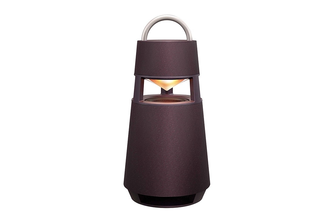 LG Parlante Portátil Xboom 360 RP4, ángulo frontal con iluminación amarilla encendida del parlante Bluethoof Xboom 360, RP4