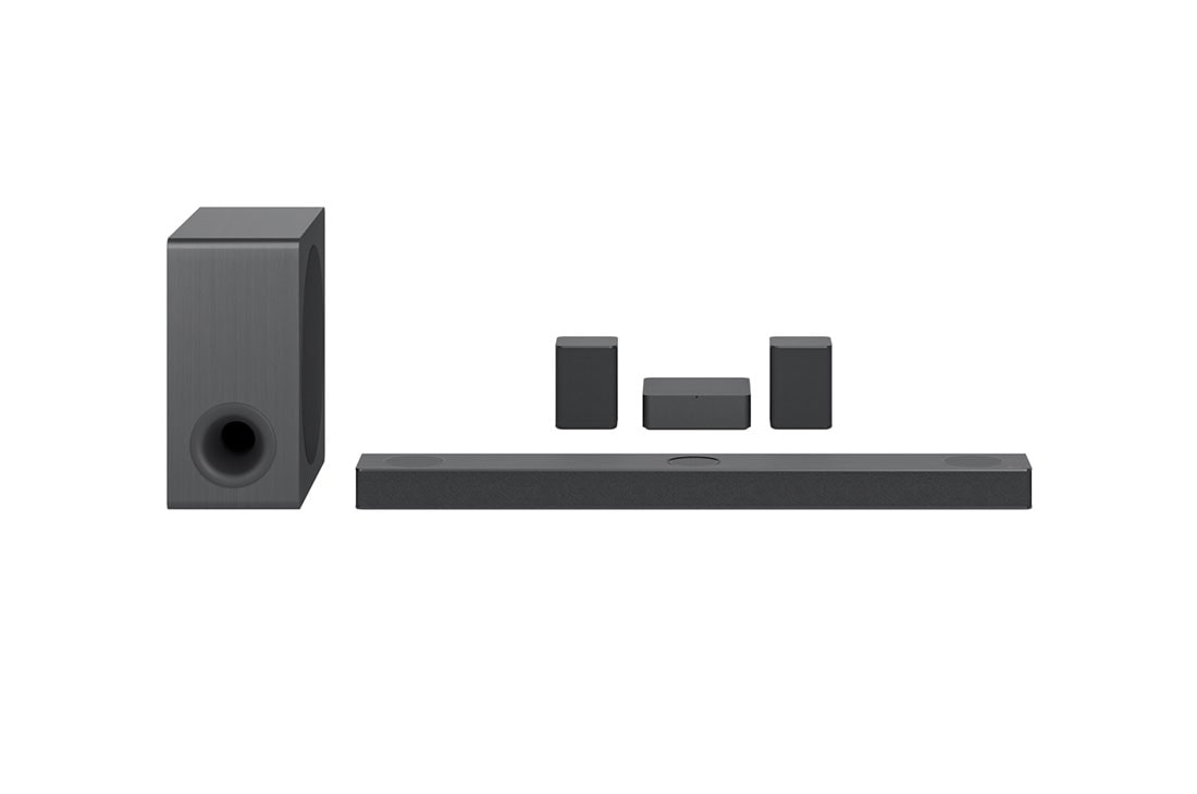 LG Barra de Sonido S80QR │ 600 W │5.1.3 CH │ Dolby Atmos, Vista frontal con altavoz de subwoofer y altavoces traseros, S80QR