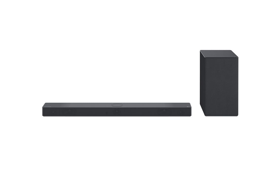 LG Barra de Sonido SC9S │400 W │3.1.3 CH │ Dolby Atmos, Vista en ángulo frontal de la barra de sonido y el woofer, SC9S