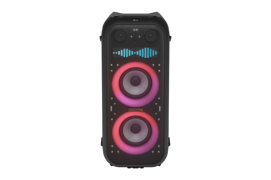 LG Torre de Sonido LG XBOOM XL9T │ 1000 W │ IPX4 │ Dise?o Portatil, LG XBOOM  XL9T, Vista frontal con todas las luces encendidas. En el panel Pixel Art Display, muestra el ecualizador de sonido., XL9T, XL9T