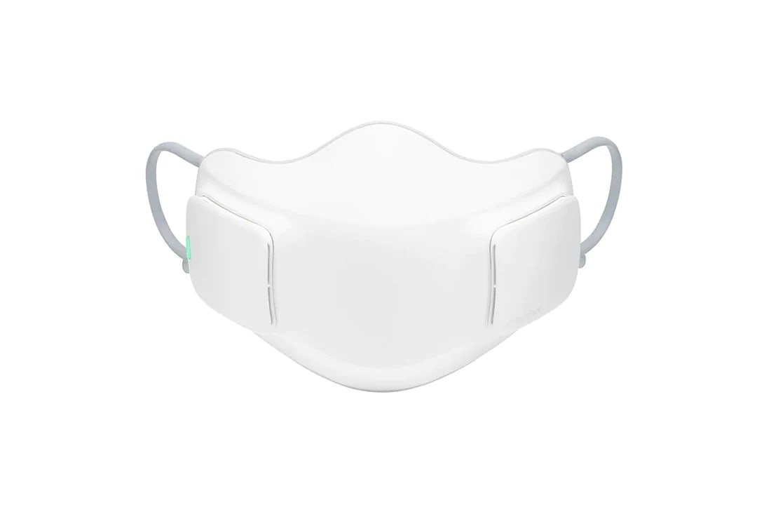 LG Puricare Air Purifying Mask, Vista frontal del cuerpo con luz verde que indica batería cargada, AP300AWFA