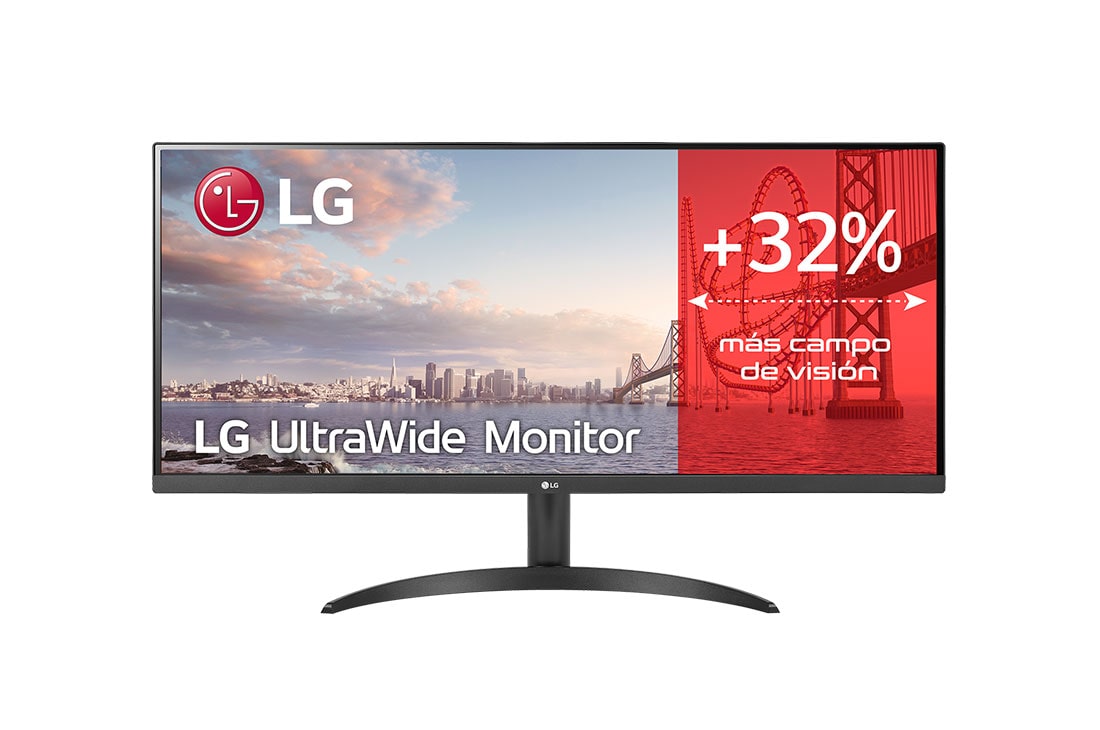 LG 34WP500-B - Monitor Ultrapanorámico 21:9 LG UltraWide (Panel IPS: 2560x1080, 250cd/m2, 1000:1, sRGB>95%); diag. 86,6cm; entr.: HDMIx2; HDR10; Ajust. en inclinación., Vista frontal, 34WP500-B