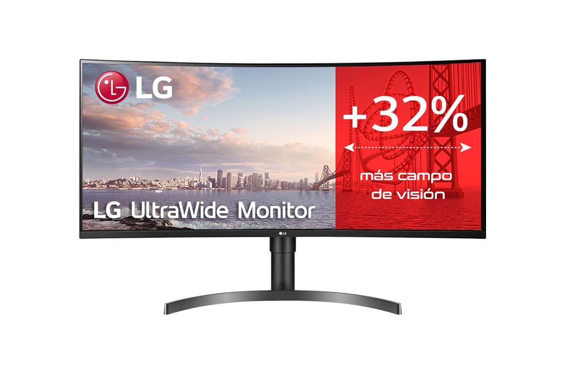 LG 35WN75C-B - Monitor Ultrapanorámico 21:9 LG UltraWide (Panel VA: 3440x1440, 300cd/m2, 2500:1, sRGB>99%, curvo); diag. 88,9cm; entr.: HDMIx2, DPx1, USB-Cx1, USB-Ax2; HDR10; altavoces 2x7W; Ajust. en altura e inclinación., Vista frontal, 35WN75C-B