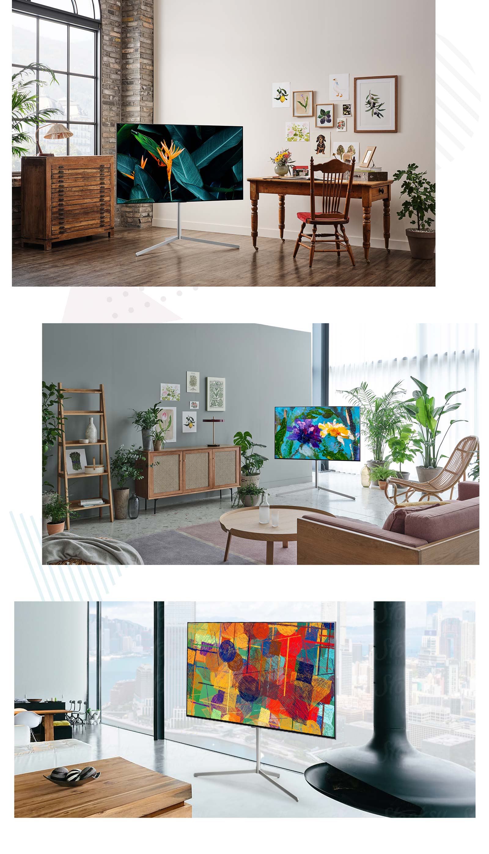 Un TV en el suelo de una habitación sobre su soporte, rodeado de decoración y mobiliario de madera. Un TV en el suelo sobre su soporte en un interior moderno lleno de plantas. Un TV en el suelo sobre su soporte frente a la ventana de un interior moderno.