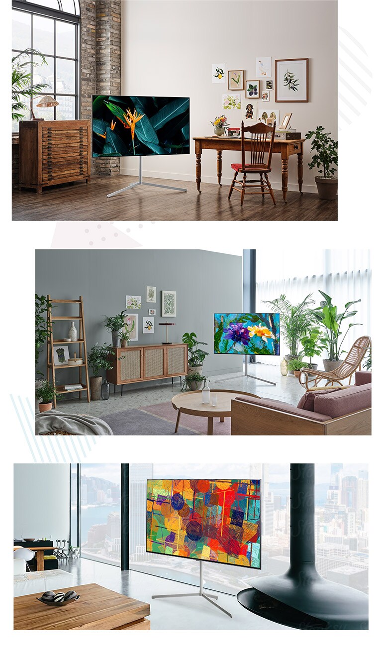 Un TV en el suelo de una habitación sobre su soporte, rodeado de decoración y mobiliario de madera. Un TV en el suelo sobre su soporte en un interior moderno lleno de plantas. Un TV en el suelo sobre su soporte frente a la ventana de un interior moderno.