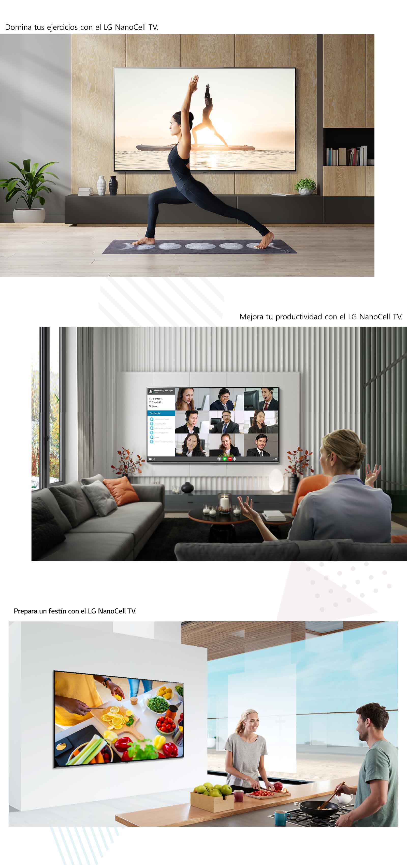 Una mujer practica yoga en el centro de una habitación delante de un TV de pantalla plana grande montado en la pared. Vista trasera de una mujer que participa en una videoconferencia con otros participantes que se muestran en el TV de pantalla plana montado en la pared. Un hombre y una mujer cocinan juntos delante de un TV grande montado en la pared.