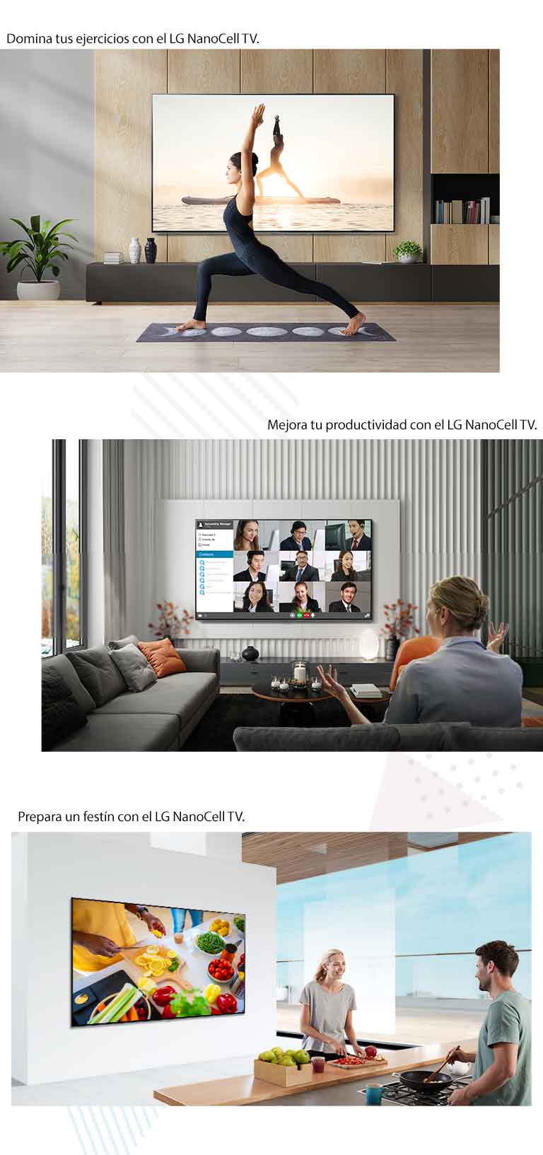 Una mujer practica yoga en el centro de una habitación delante de un TV de pantalla plana grande montado en la pared. Vista trasera de una mujer que participa en una videoconferencia con otros participantes que se muestran en el TV de pantalla plana montado en la pared. Un hombre y una mujer cocinan juntos delante de un TV grande montado en la pared.