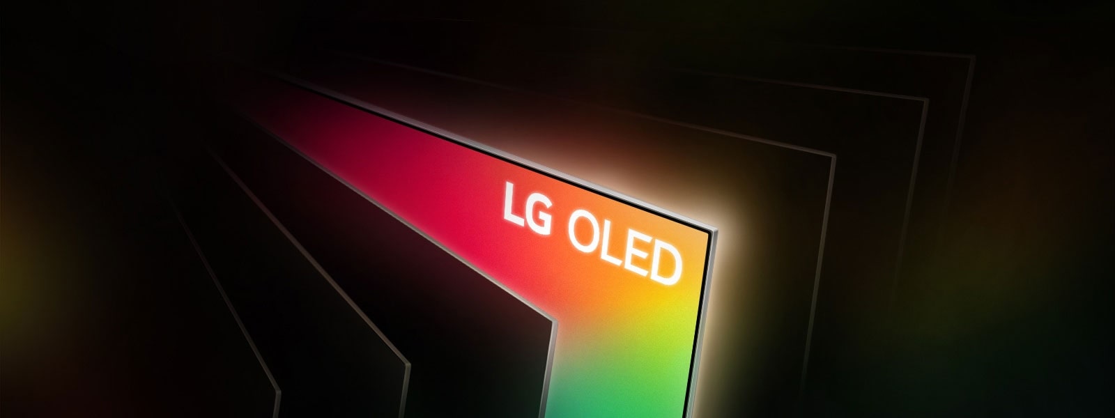 Vista panorámica en ángulo de una fila de televisores distribuidos como las páginas de un libro. Todos los televisores están en negro, salvo por uno que rebosa de colores brillantes y contiene las palabras ?LG OLED?.
