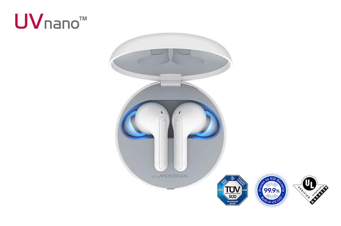 LG TONE Free FN7, A top view of cradle opened up with mood lighting on and UVnano certification logos, HBS-FN7