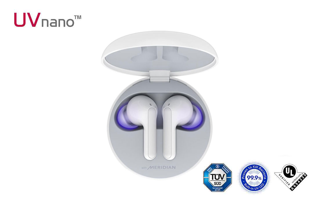 LG TONE Free FN6, A top view of a cradle opened up and two earbuds inside it with UV lighting on, HBS-FN6