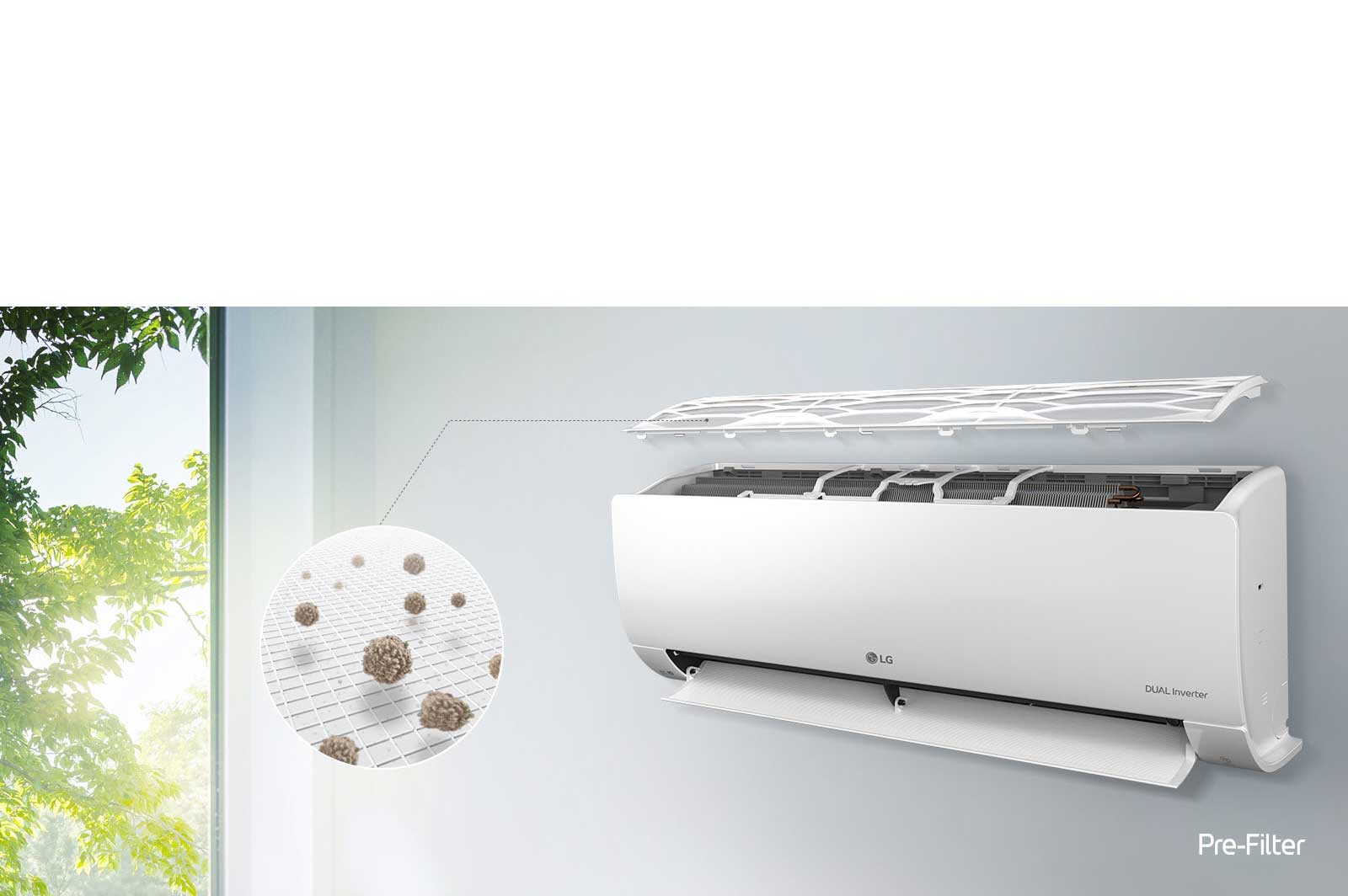 Le climatiseur LG est installé sur le mur et vu de c?té. Le panneau supérieur est flottant et peut laisser appara?tre les filtres intérieurs. Une ligne partant du préfiltre mène à un cercle agrandi présentant la poussière retenue au niveau du préfiltre. Le logo du préfiltre est visible dans le coin inférieur droit.