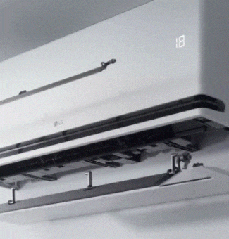 Animation d’un climatiseur LG mettant en évidence la fonctionnalité Dual Vane pour un contr?le précis du flux d’air.