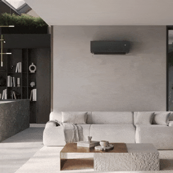 Un climatiseur LG avec un design premium à l’apparence épurée moderne se fond dans un salon élégant et rafra?chit l’espace.	