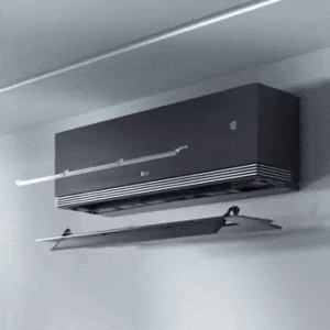 Animation d’un climatiseur LG mettant en évidence la fonctionnalité Dual Vane pour un contr?le précis du flux d’air.	