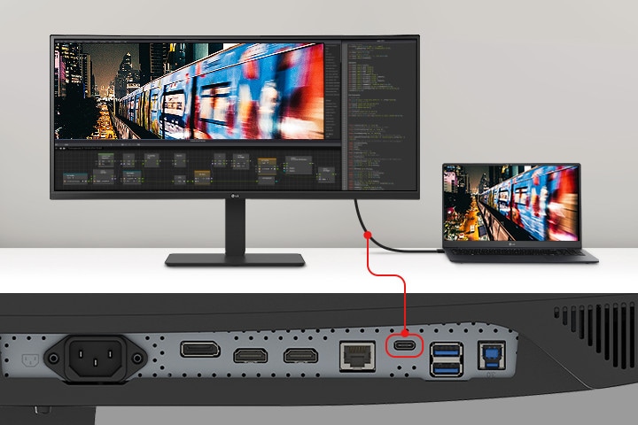 Une image d’un ordinateur portable et d’un moniteur connectés par un cable USB Type-C unique.