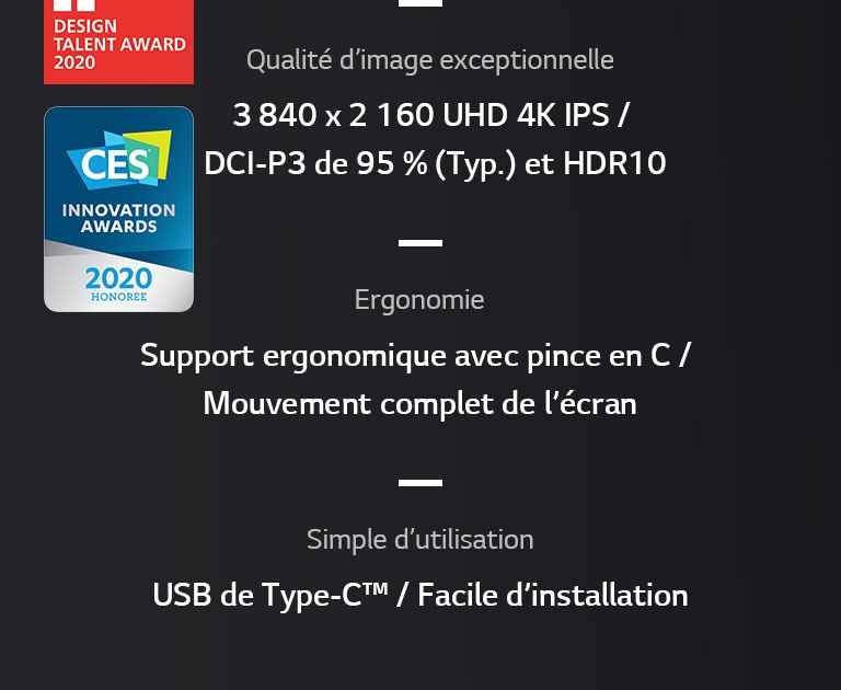 USP de 38UN880 : 3 840 x 2 160 UHD 4K IPS, DCI-P3 de 95 % (Typ.) et HDR 10, support ergonomique avec pince en C, mouvement complet de l’écran, USB de Type-C?, facile d’installation