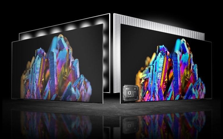 Il existe deux écrans de téléviseur – l’un à gauche et l’autre à droite. On retrouve les mêmes images d’un cristal coloré sur chaque téléviseur. L’image qui appara?t à gauche est un peu pale alors que celle à droite est très vive. Le coin gauche en bas du téléviseur, sur l’image de droite, affiche une image de puce de processeur.