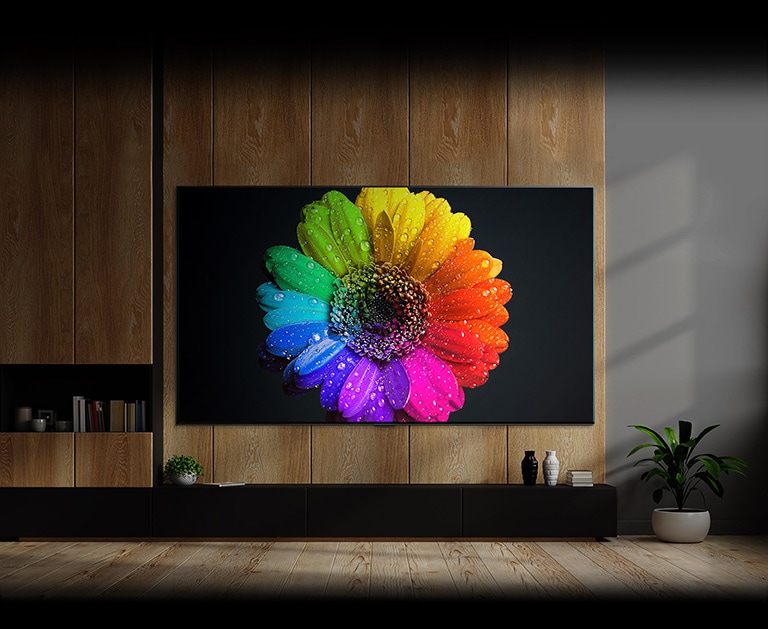 Les voyants Mini LED à l’intérieur du téléviseur s’allument, remplissent tout l’écran du téléviseur et se transforment en une fleur très colorée sur le téléviseur à la fin.