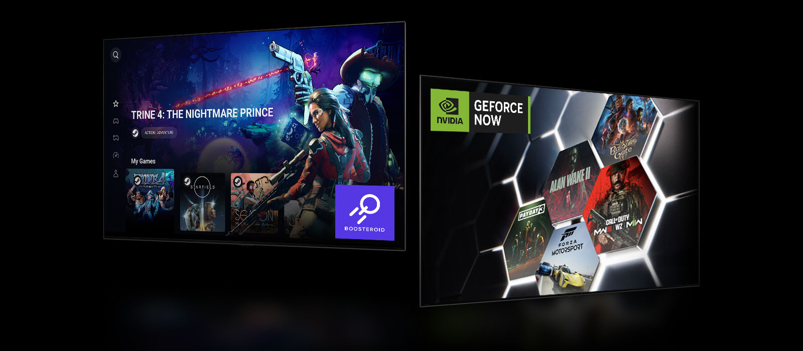 Une image de l’écran d’accueil de Boosteroid qui affiche : ? Trine 4: The Nightmare Price ?. Un écran d’accueil GeForce NOW qui affiche cinq onglets jeux différents à droite. 