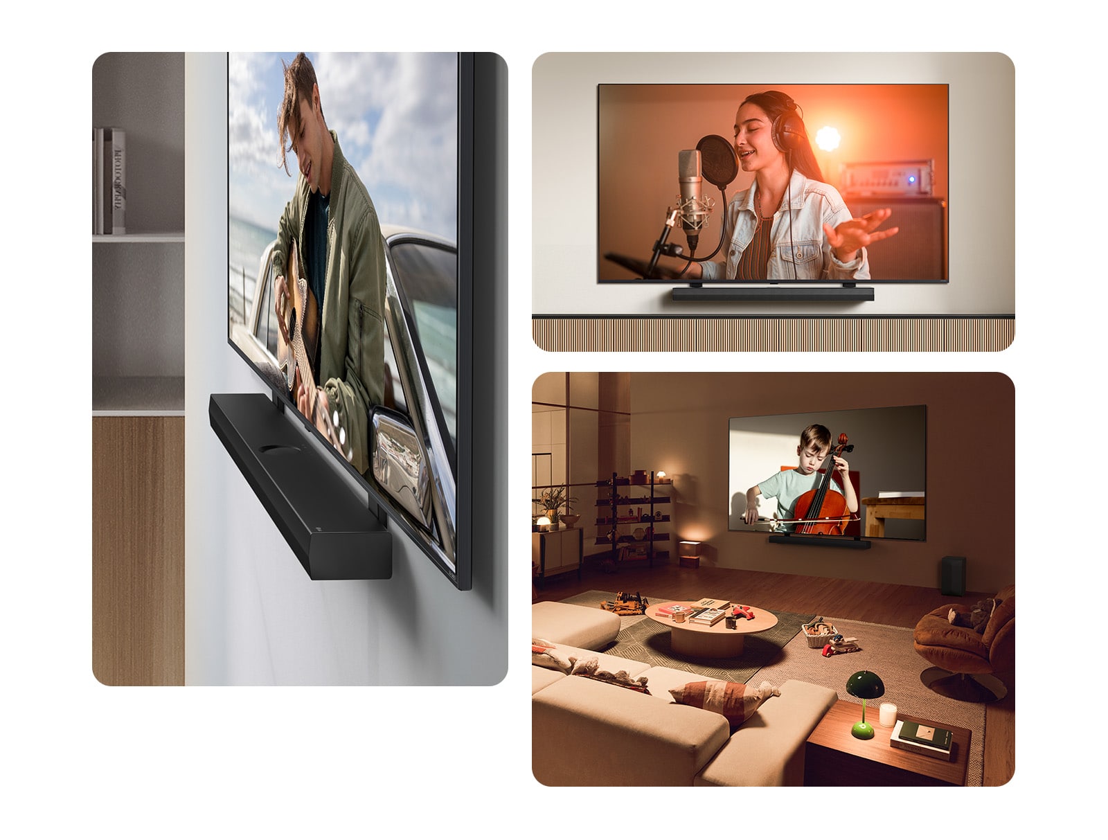 La LG Soundbar et la LG QNED TV accrochées au mur avec le crochet compatible QNED dans un salon gris et couleur bois, vues dans un plan incliné montrant un homme jouant de la guitare.  La LG Soundbar et la LG QNED TV contre un mur couleur crème avec le crochet QNED TV correspondant. La TV diffuse la vidéo d’une femme dans un studio d’enregistrement. En-dessous de la TV se trouve un support en bois moderne de forme géométrique.   La LG Soundbar et la LG QNED TV sur un mur avec le crochet QNED TV correspondant dans un espace de vie confortable et à l’éclairage tamisé, avec des jouets d'enfants. La TV diffuse la vidéo d’un petit gar?on en train de jouer du violoncelle. 