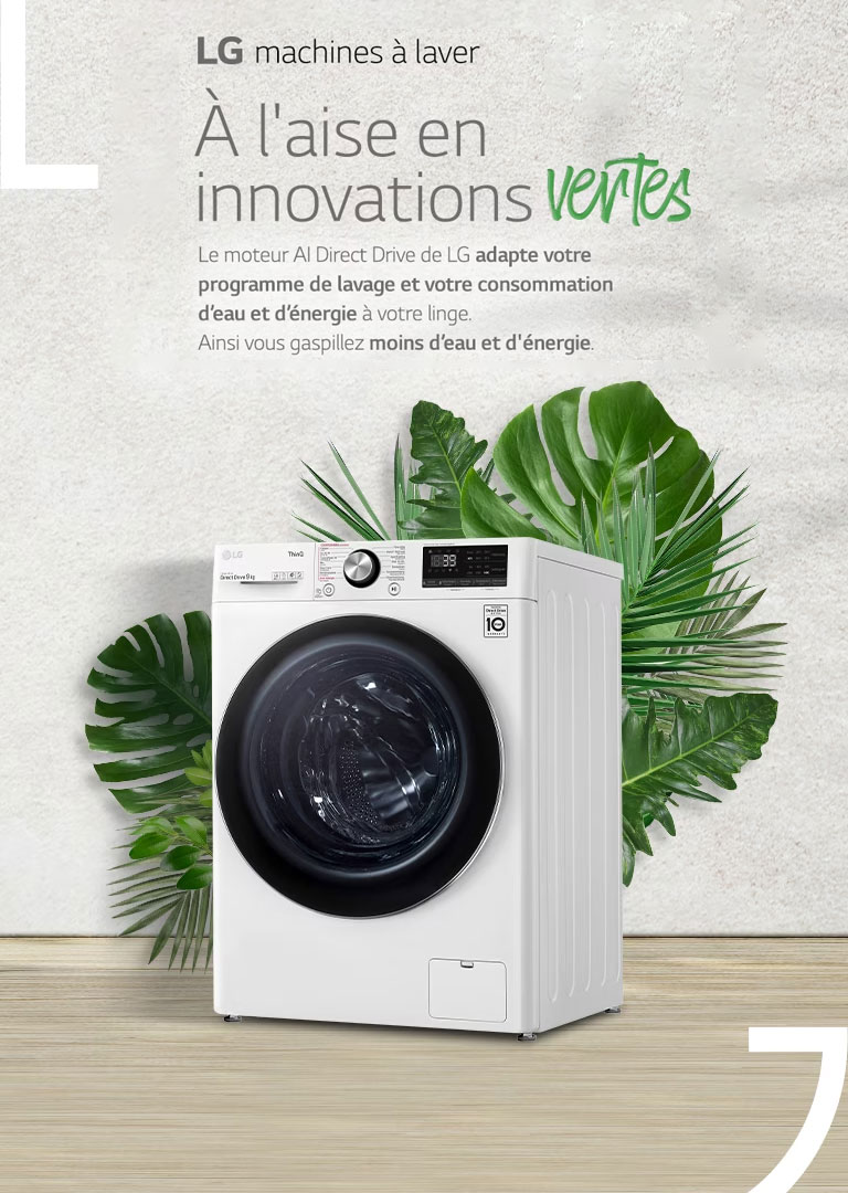 Une image montre une femme souriant et tenant une chemise blanche propre. à c?té d’elle se trouve une vue avant d’un lave-linge LG. Il y a une bulle devant le lave-linge contenant le logo AI DD. L’image d’arrière plan est du lin blanc dans une eau savonneuse. Au dessus de ?a, il y a le logo SMotion et en dessous de lui se trouve les 6 mouvements représentés par des lignes et des flèches.