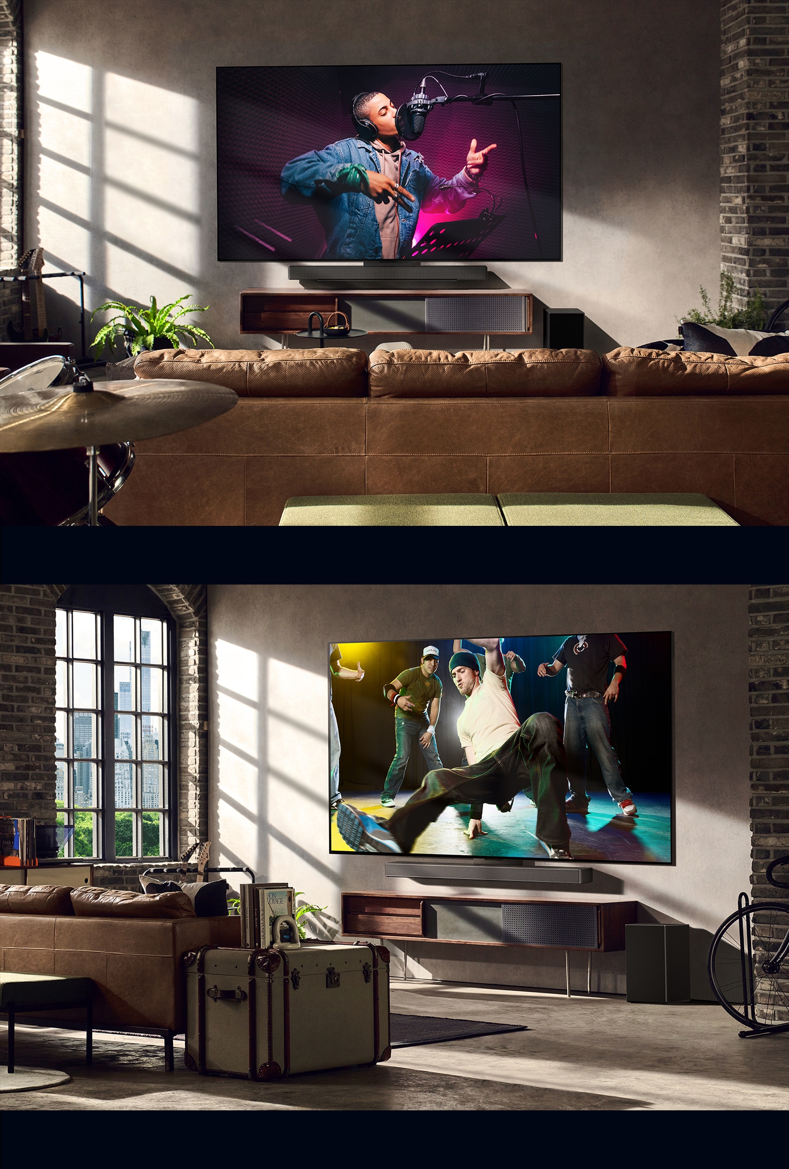 Les images présentent trois modes de vie. De haut en bas : trois hommes regardent la vidéo d’un concert dans un salon. Un téléviseur LG placé sur le mur affiche une scène d’enregistrement musical tandis qu’un second téléviseur LG (également fixé au mur) diffuse une scène de breakdance en diagonale.