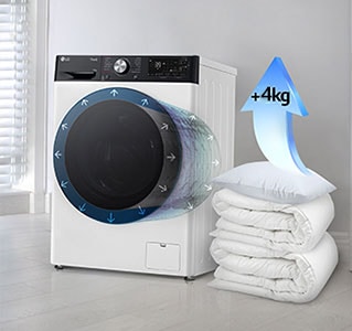 Des couvertures et des oreillers sont placés à c?té de la machine à laver, et une flèche indique que la capacité augmente de 2 kg sur l’oreiller.