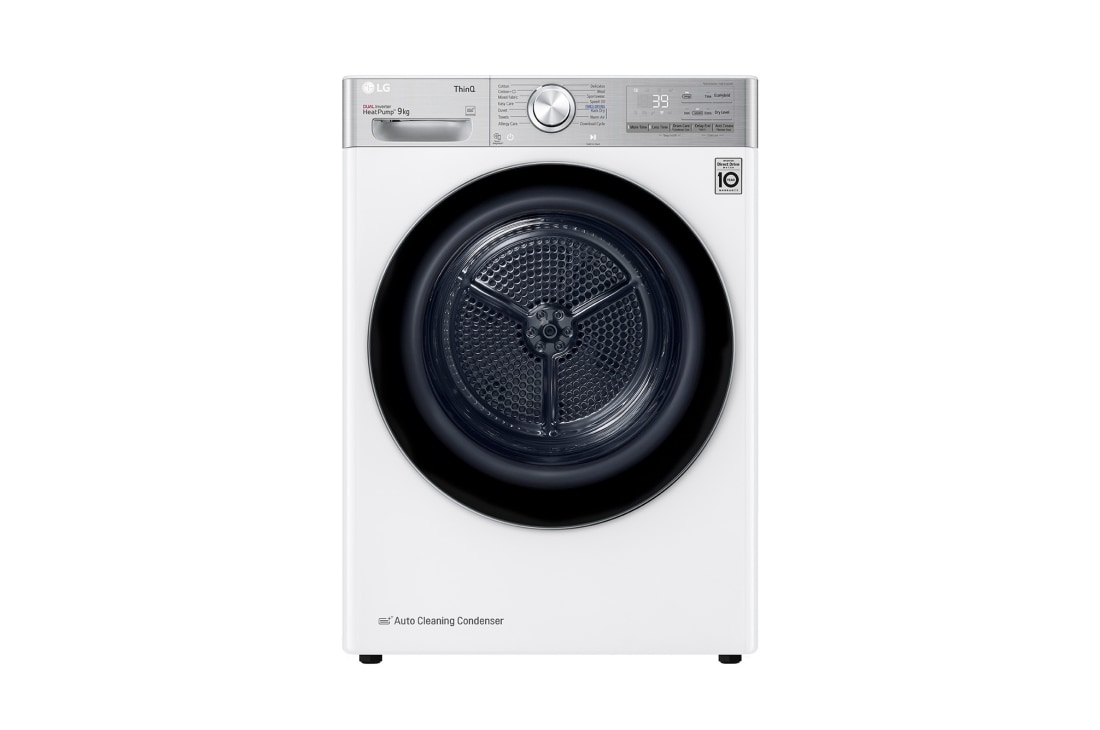 LG 9kg Sèche-linge RH90V9AV2QR Blanc | 6 Motion DD | ThinQ | Condenseur autonettoyant, vue avant, RH90V9AV2QR