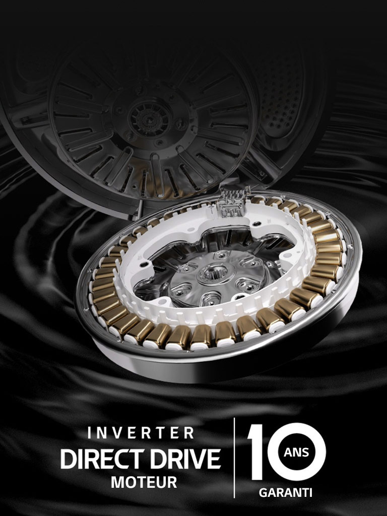 Un moteur et un logo de machine à laver sont affichés sur un fond noir ondulé