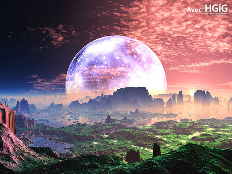 Une scène d’une aube sur une planète ressemblant à la Terre idyllique est divisée en deux parties - à gauche, l’image est plus terne et moins brillante et le texte indique Sans HGiG dans le coin supérieur gauche. à droite se trouve une scène plus lumineuse et le texte indique Avec HGiG dans le coin supérieur droit.